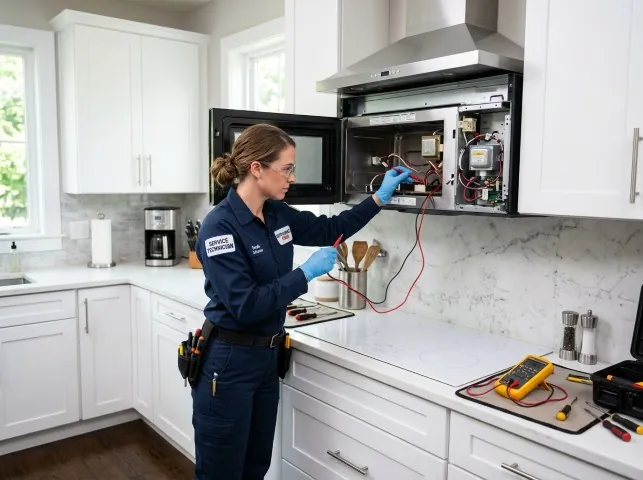Appliance Repair Hero technician testing an over-the-range microwave in a Ashton, ID kitchen